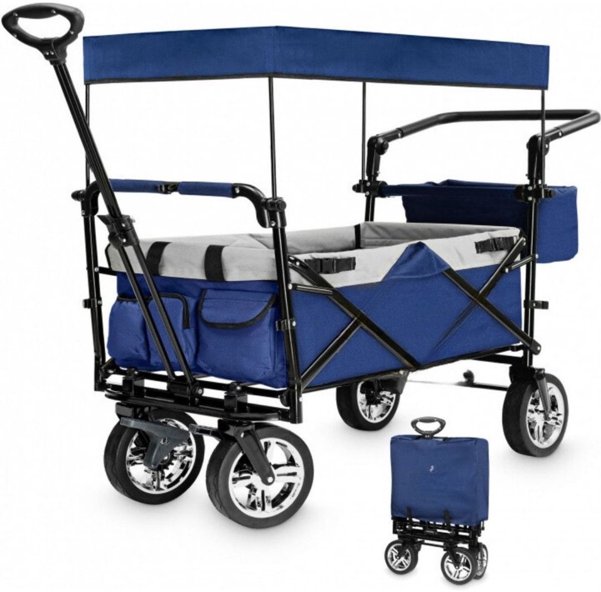 Yolo-deals - Opvouwbare Bolderkar met zonnedak - 125x55x105cm (LxBxH) - Belastbaar gewicht 80KG - Blauw