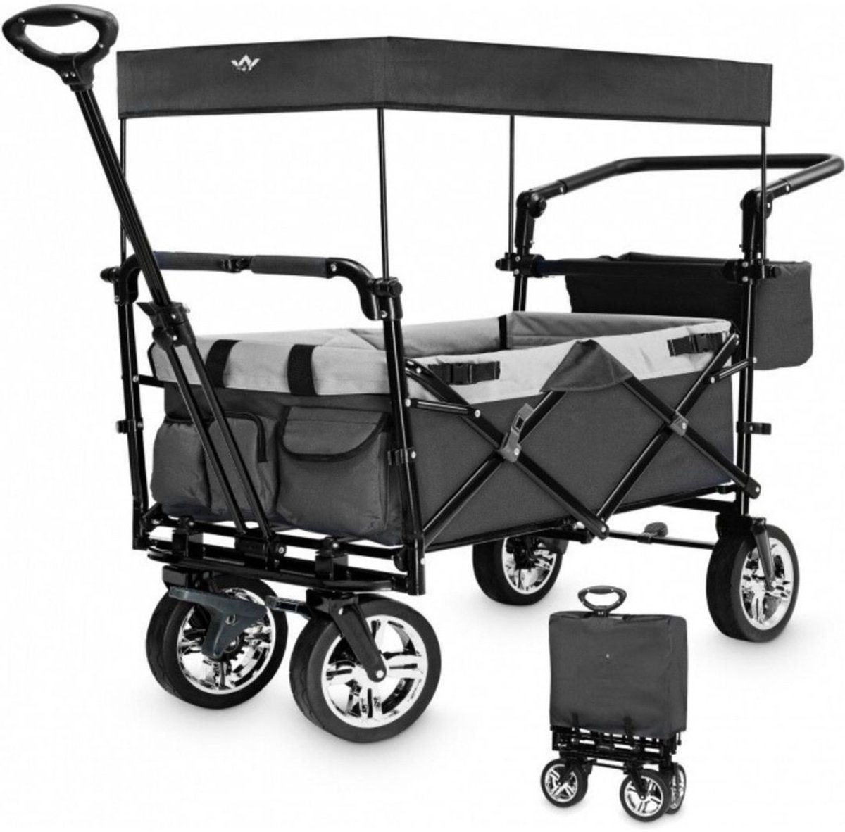 Yolo-deals - Opvouwbare Bolderkar met zonnedak - 125x55x105cm (LxBxH) - Belastbaar gewicht 80KG - Antraciet