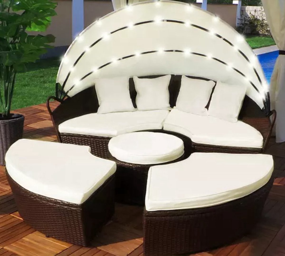 Yolo-deals - Polyrattan Lounge eiland met LED verlichting - Solar - 180cm - Inclusief kussens - UV bestendig - Bruin