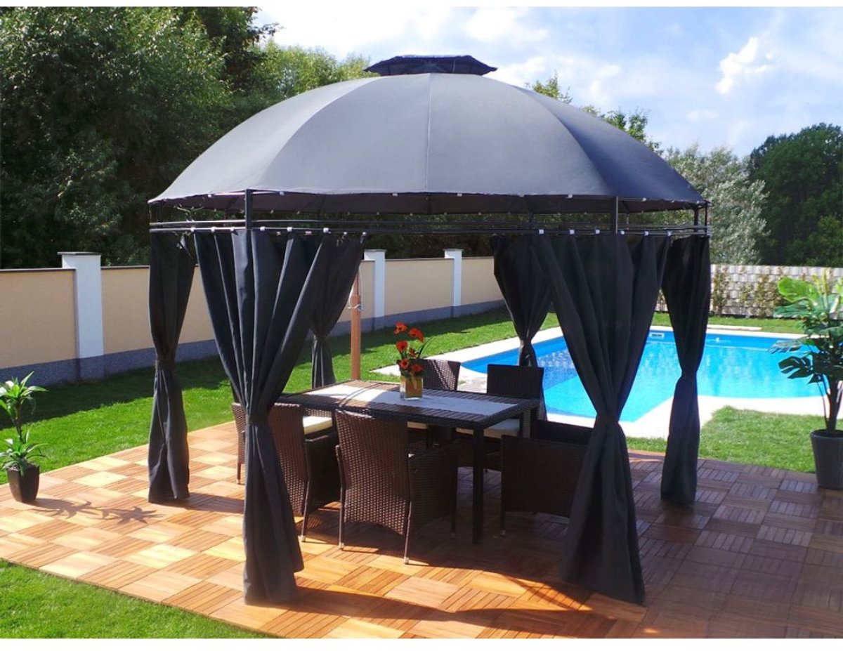 Yolo-deals - Tuin Prieel DeLuxe met LED verlichting - Solar - Rond - 350cm -UV bestendig - Antraciet