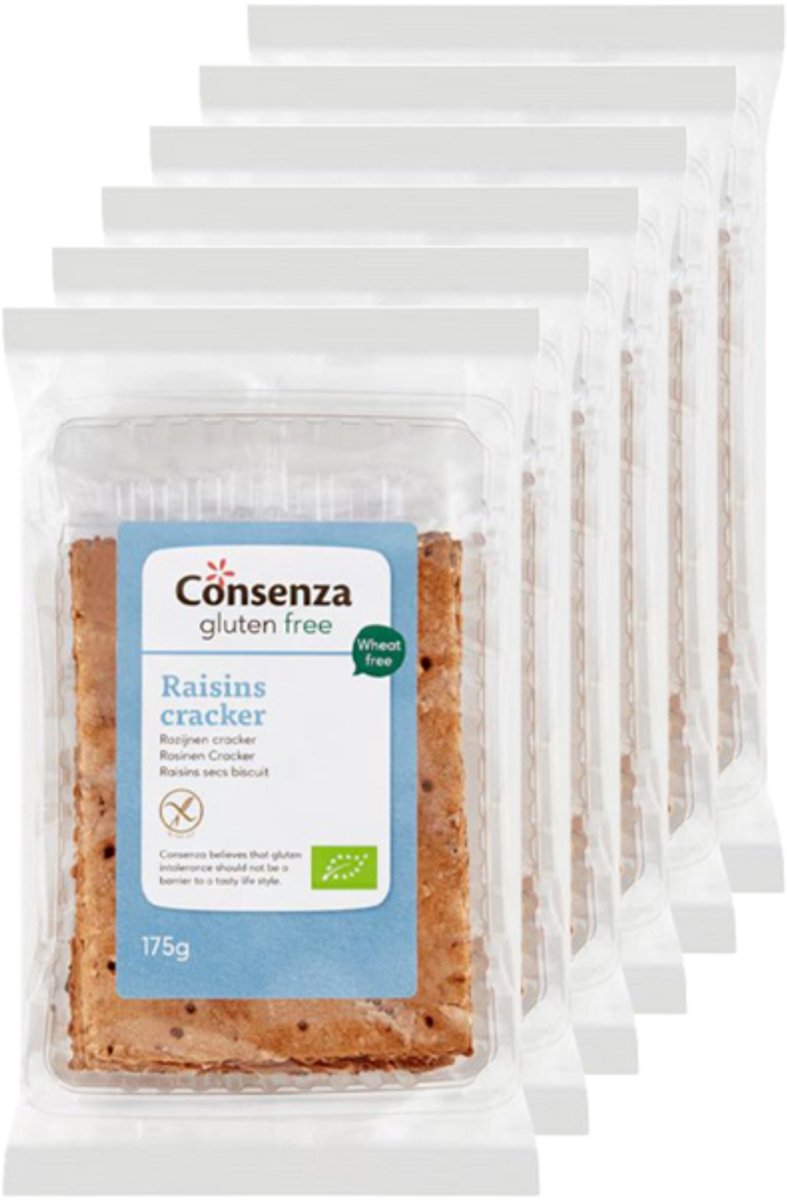 Consenza | Cracker | Rozijnen | 6 stuks | 6 x 175 gram | Eiwitrijke voeding | Koolhydraatarme Crackers