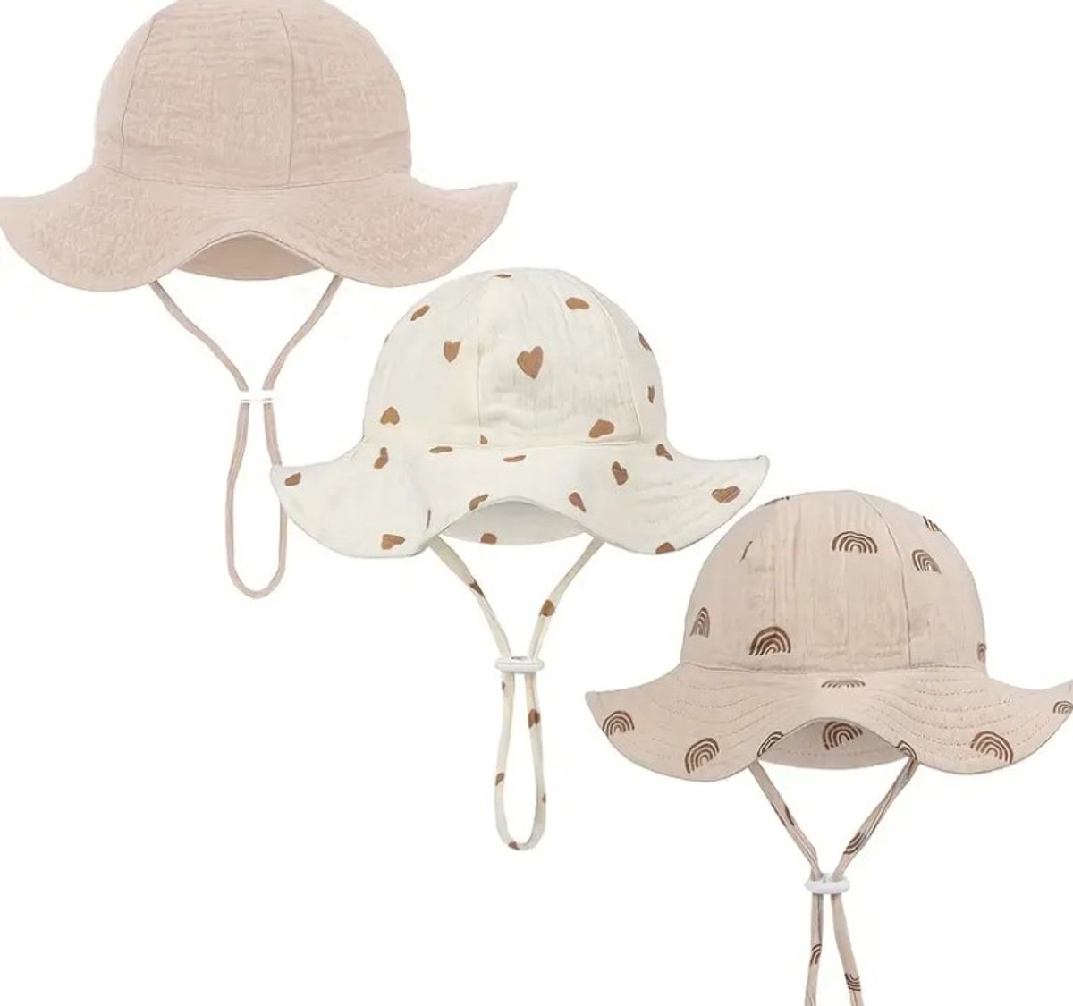 3 stuks Zonnehoedjes - Vakantie Zonnehoed Hydrofiel - Katoen - Hart / Hartjes - Regenboog - Beige - Khaki | 3 – 18 Maanden | Baby – Kind | UV Werend | Elastiek – Strandhoedje - Zomer Accessoire | Voor strand / onderweg! | DH collection
