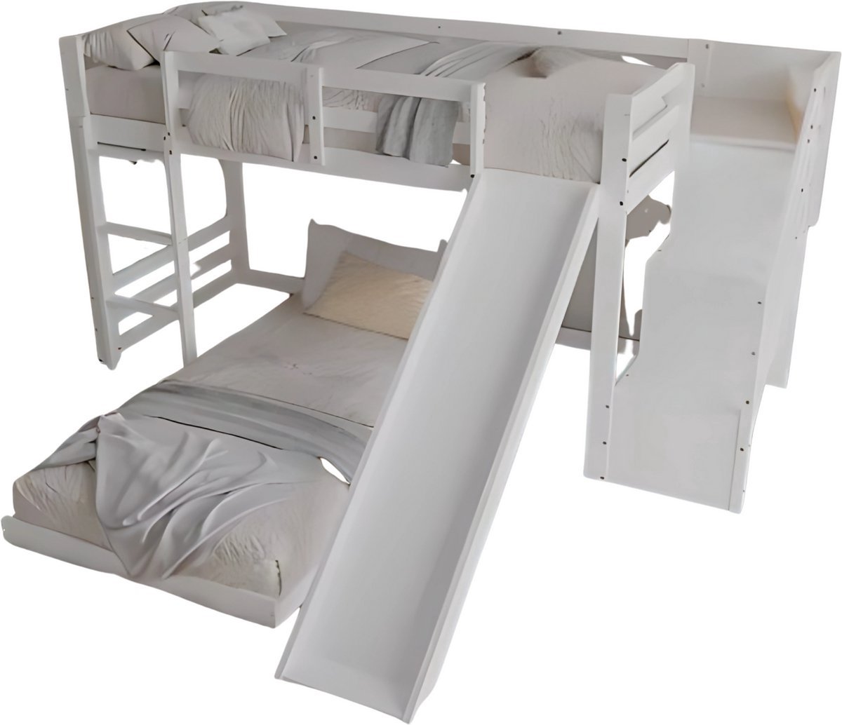 Happiq Opulence Luxe stapelbed voor kinderen - 90x200 cm - Met glijbaan - Kinderbedden - Hoogslaper - Met Hoektrap, valbeveiliging en raam - Peuterbed Grijs