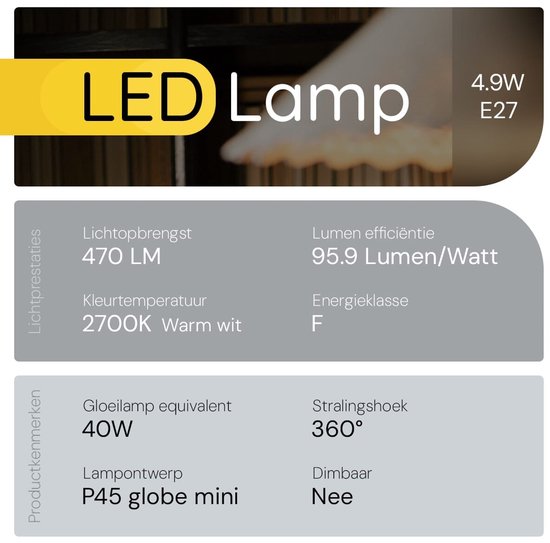 Technik Lampe LED E27 4,9W - 470lm - 2700K - Wit Chaud - LED Globe Mini P45 - Remplace l'Ampoule Halogène 40W - 10 pièces