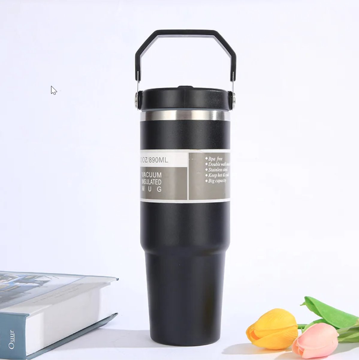 MOONOVA - Stoere Thermosbeker - RVS 890ml - Met Handvat & Rietje - Voor Koffie, Water & On-the-Go - Zwart