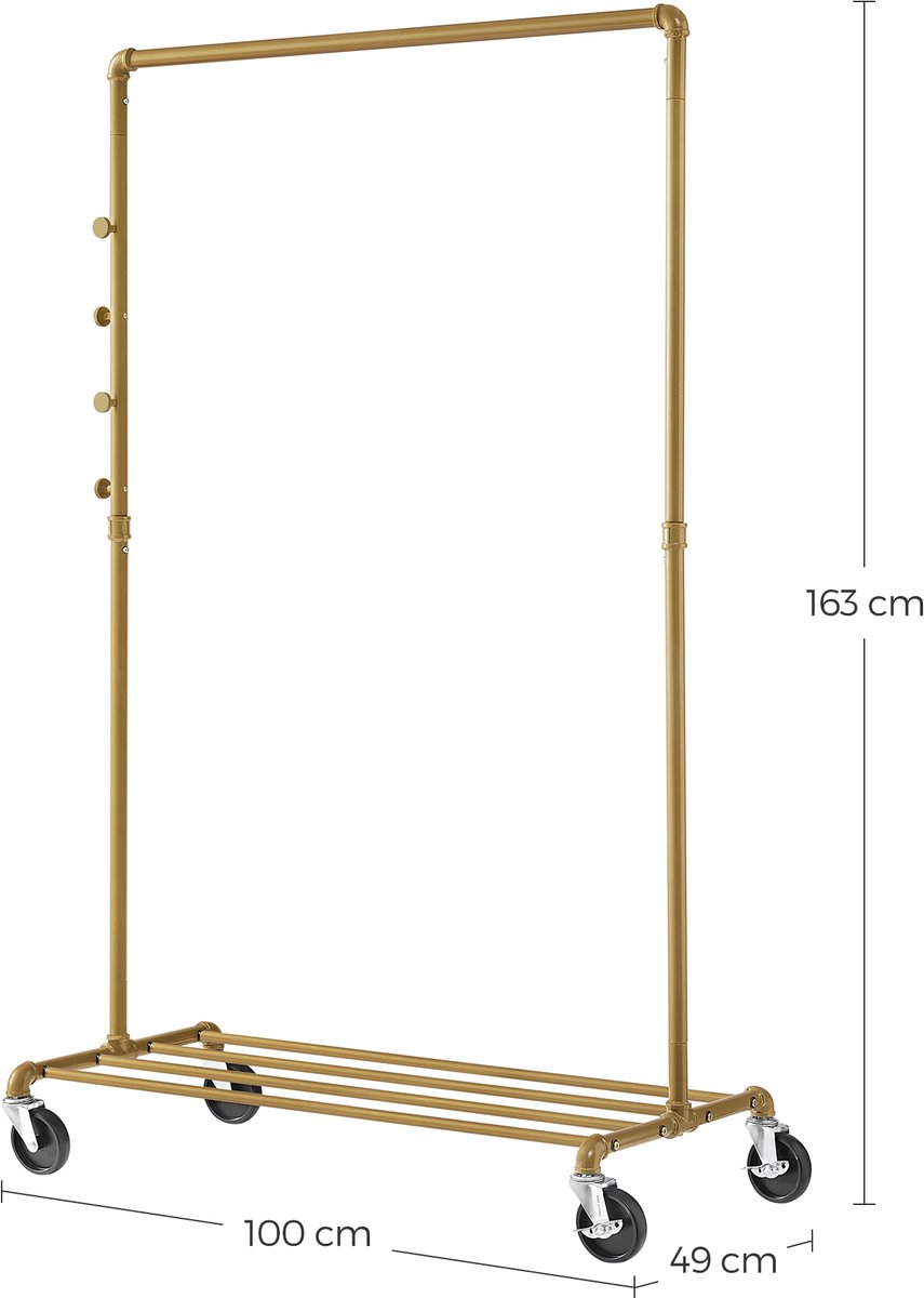 MAZAZU - Kledingrek - Opbergrek - Kapstok - Schoenenrek - Goud - Garderoberek Met Haken - 100x49x163cm – foto 6