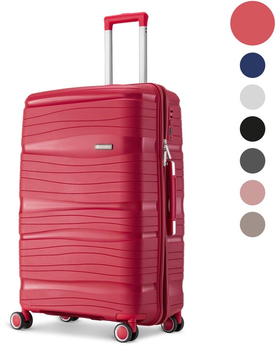 Rode Skycases koffer met gestreept design, zilveren handvat en dubbele wielen, naast kleurenpallet.
