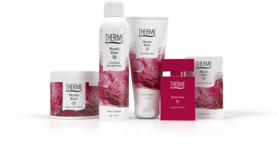 Therme Mystic Rose productlijn: body butter, schuimende douchegel, douchegel en eau de parfum.