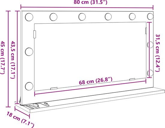 Dimensions d'un miroir de maquillage noir : 80 x 45 x 18 cm.