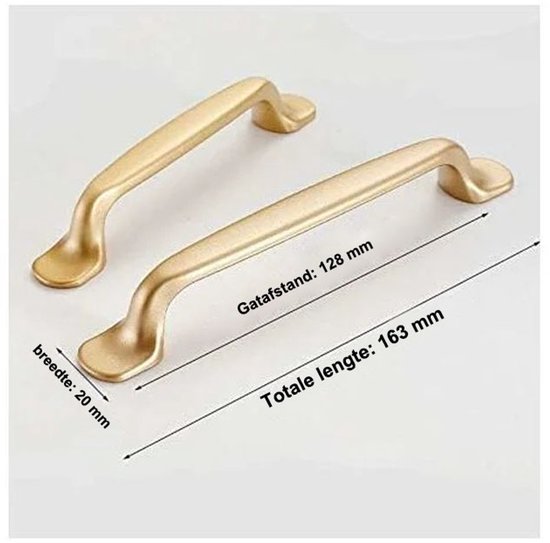 Twee matte gouden grepen, één met afmetingen: breedte 20 mm, gatafstand 128 mm, totale lengte 163 mm.