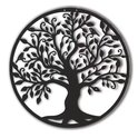 Décoration d'arbre de vie en métal noir avec branches, feuilles détaillées et deux oiseaux, isolée sur fond blanc.