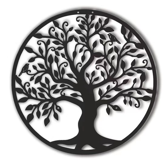 Décoration d'arbre de vie en métal noir avec branches, feuilles détaillées et deux oiseaux, isolée sur fond blanc.