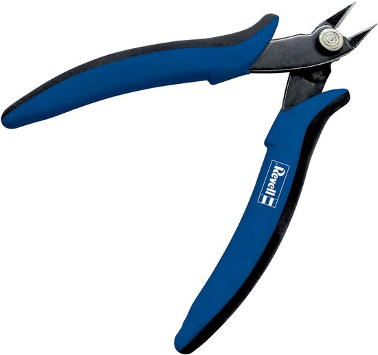 Precisie kniptang met blauwe handvatten en Revell logo.