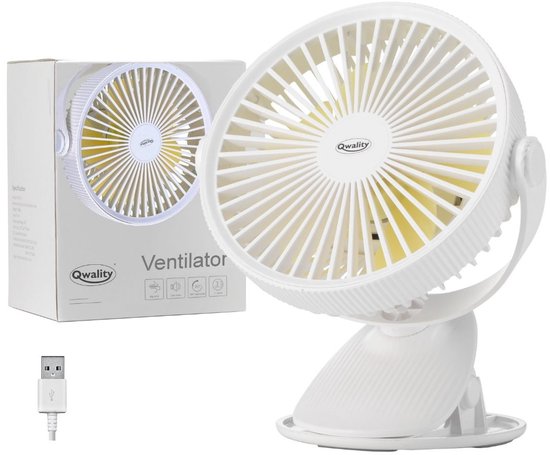 Ventilator met Clip - USB - 360° Draaibaar - Tafelventilator - Eenvoudige bevestiging - 2600 mAh Accu Batterij - Extra Stil - Qwality