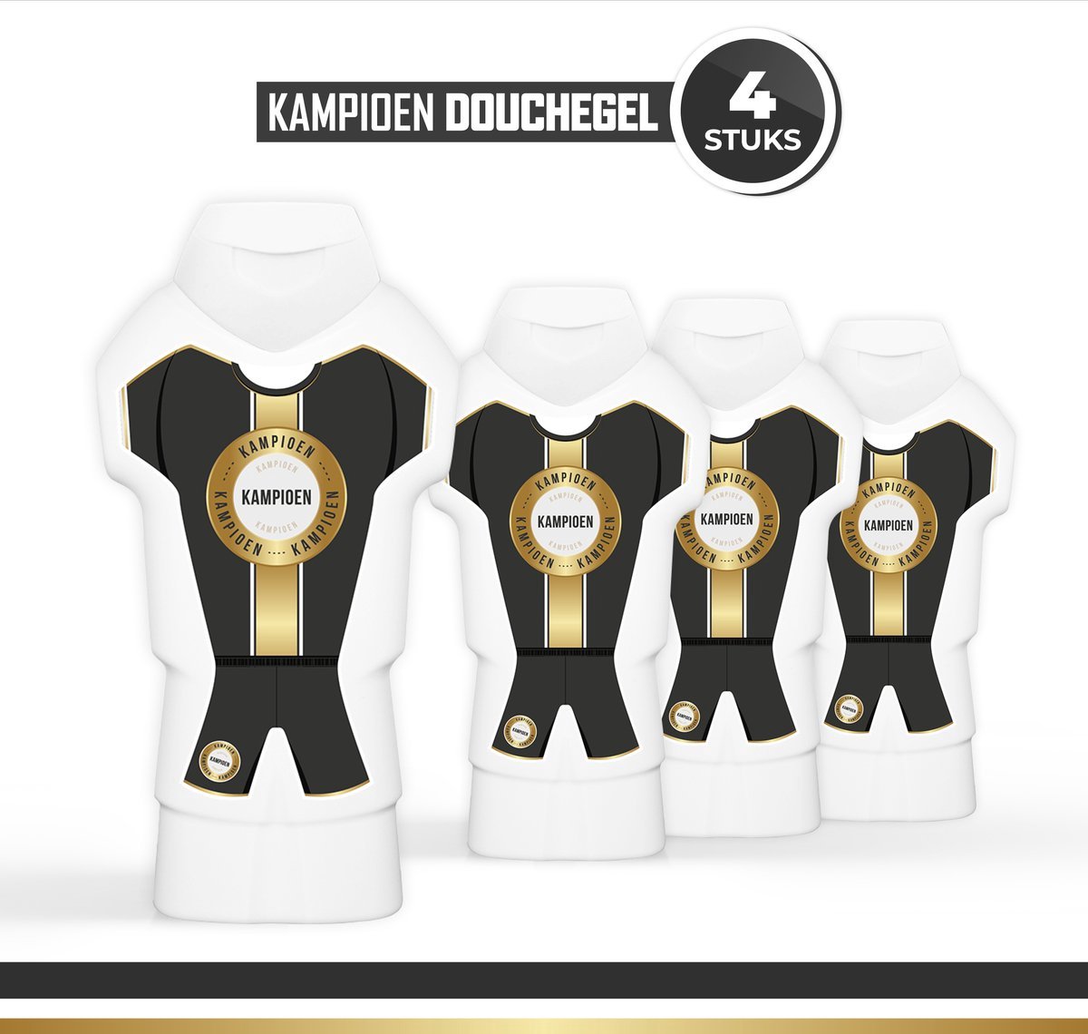 Douchegel "Kampioen Zwart Goud" - 4 stuks - | Prijs - Cadeau - Toernooi - Showergel - Shower gel - Voetbal - Sport - Voetbal - Hockey - Volleybal - Korfbal - Rugby - IJshockey - Prijs - Toernooi - Cadeau - Tenue - Shirt Zwart Goud