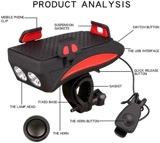 Fiets verlichting - Powerbank Fiets Telefoonhouder - Fiets Smartphone Houder - 2400 mAh - Bel - Koplamp - Oranje — afbeelding 3