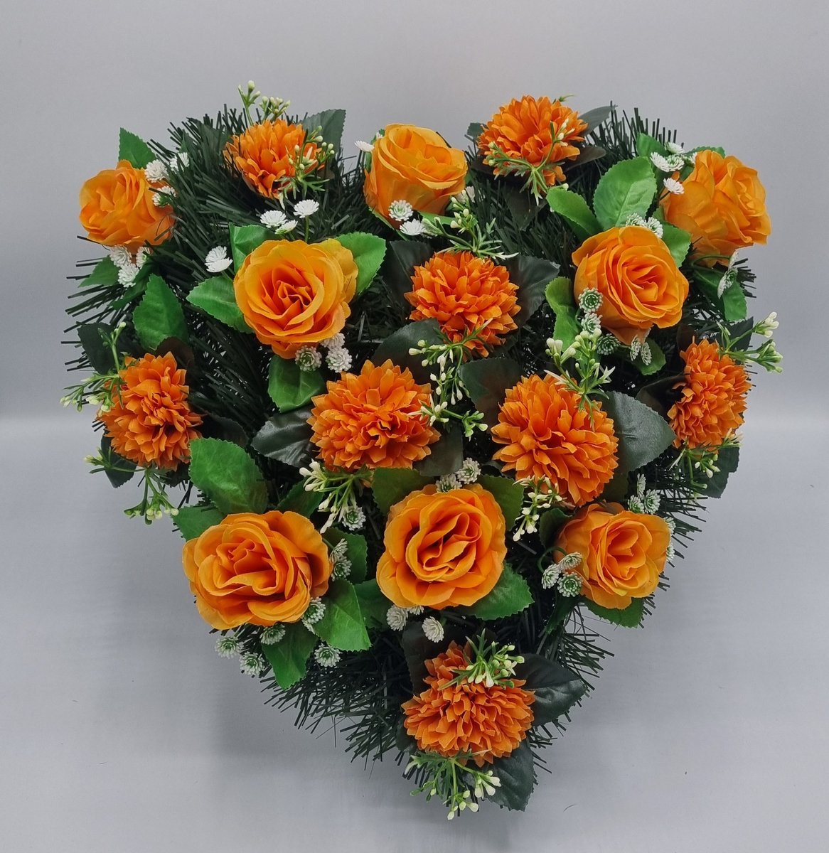 Bloemstuk - W113/03 - W932/05 - Hart - Roos - Chrysant - Oranje - 40cm - Verzwaard - Buigzaam - Grafdecoratie