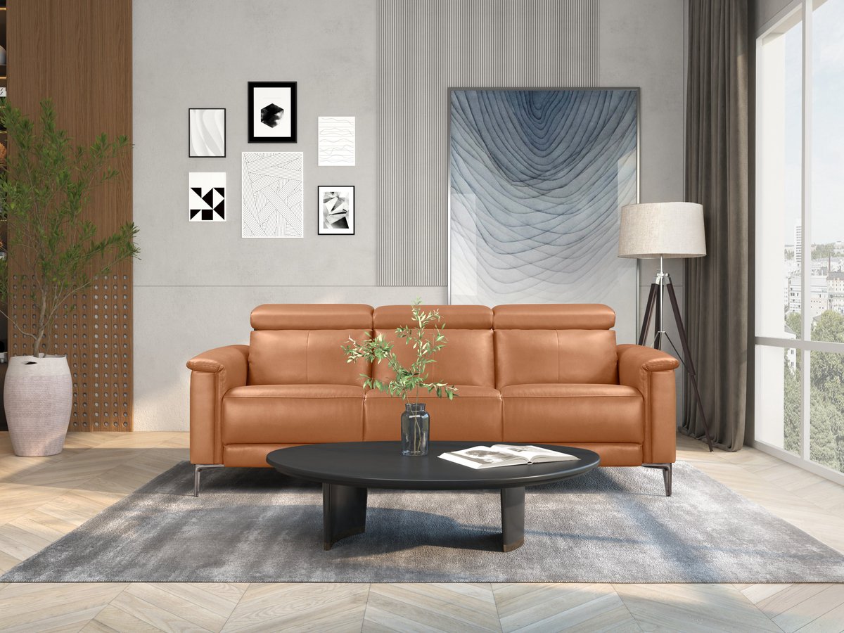 Notio Living Lund-3Zitsbank - 2 Handmatige Relax - Cognac PU Bruin
