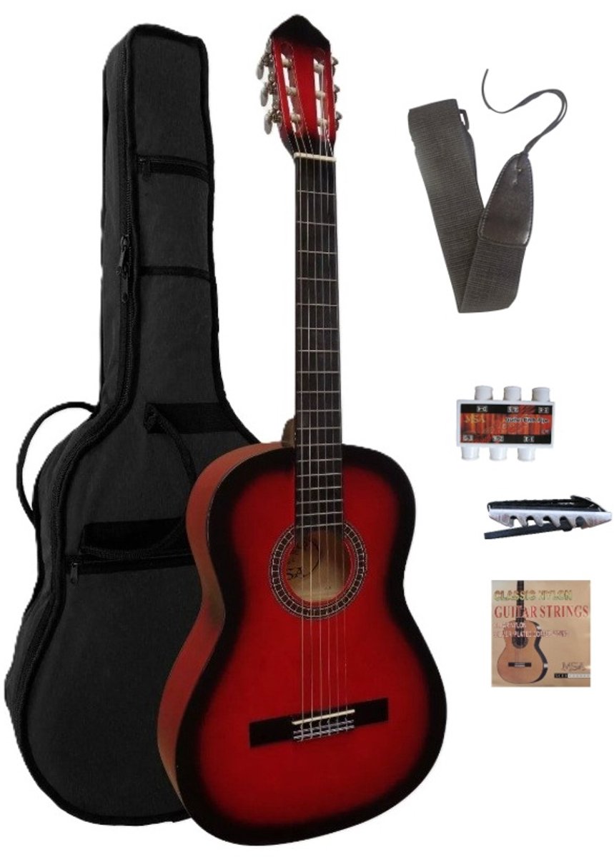 MSA C4 rode kindergitaar met starterset. Klassieke gitaar met nylon snaren.