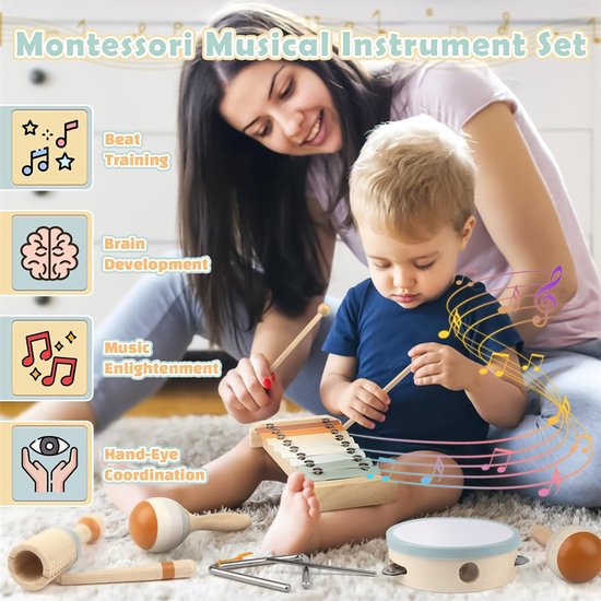 6 stuks muziekinstrumenten voor kinderspeelgoed, montessori muziekspeelgoed voor kinderen van 1-5 jaar, houten speelgoed baby drumstel, kinder drum percussie-instrumenten muziekinstrumenten speelgoed van Rolimate — afbeelding 4