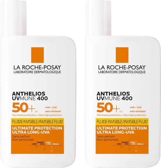 Twee witte flessen La Roche-Posay Anthelios UVMune 400, SPF 50+, fluïde onzichtbare bescherming ultra long-UVA, sans parfum.