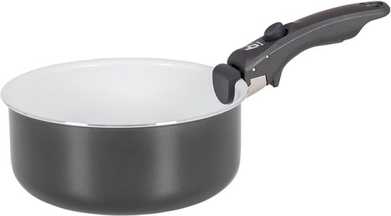 Donkergrijze kookpan met witte binnenkant en een afneembare zwarte handgreep.