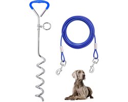 Hondenlijn - Incl. Aanlegspiraal - 10 Meter - Metaal/Nylon - Zoeklijn Hond - Grondpen - Leiband Hond - Geschikt Voor Tuin, Camping En Parken - Kan Ook Worden Gebruikt Om Caravandaken Te Beveiligen - Blauw