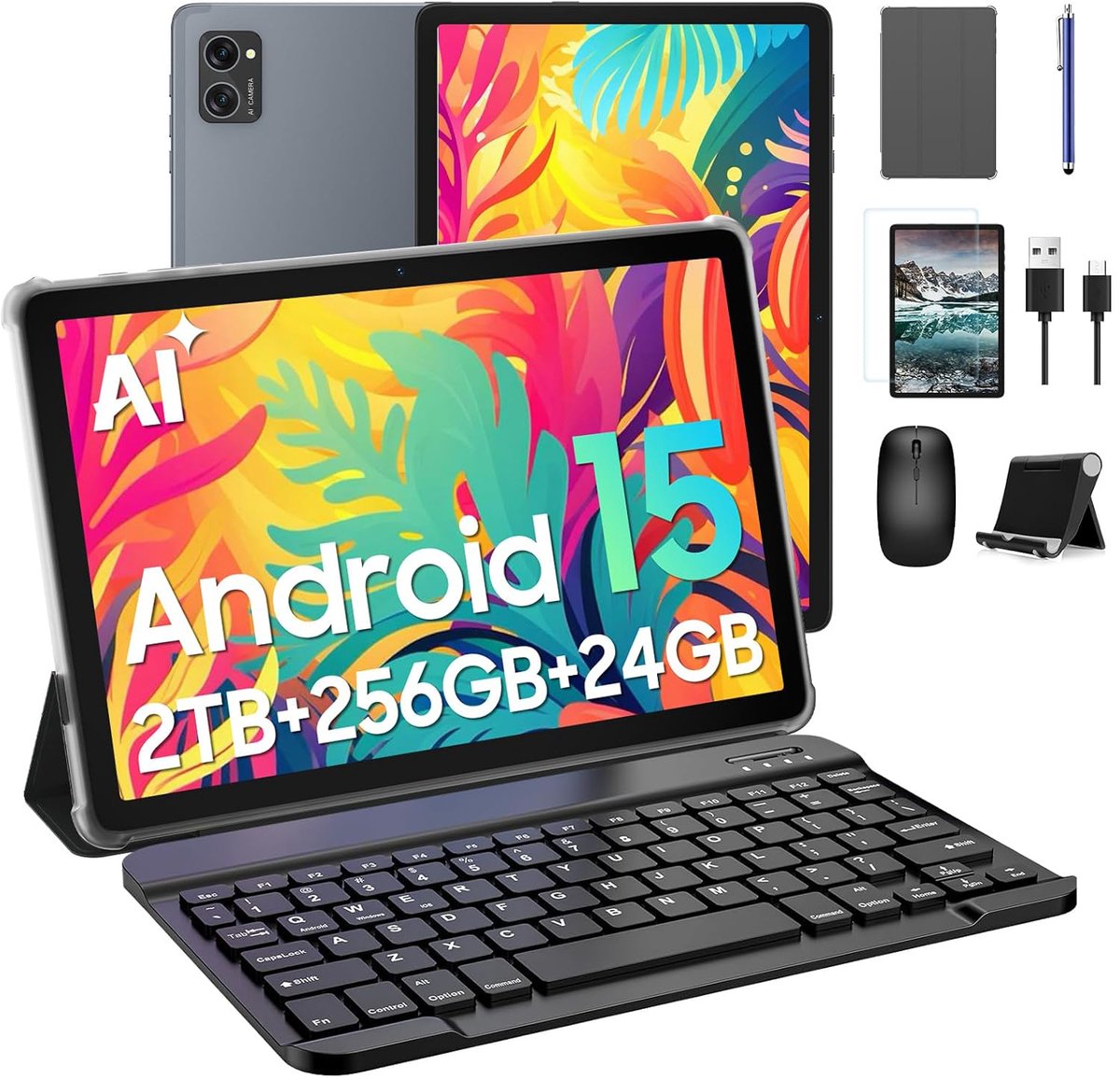 BESTTAB T20 Tablet - 5000mAh - 5G WiFi - 24GB RAM - 256GB ROM - Android 16 - Octa-core - Met QWERTY Toetsenbord - Muis - Pen - Hoes - Grijs