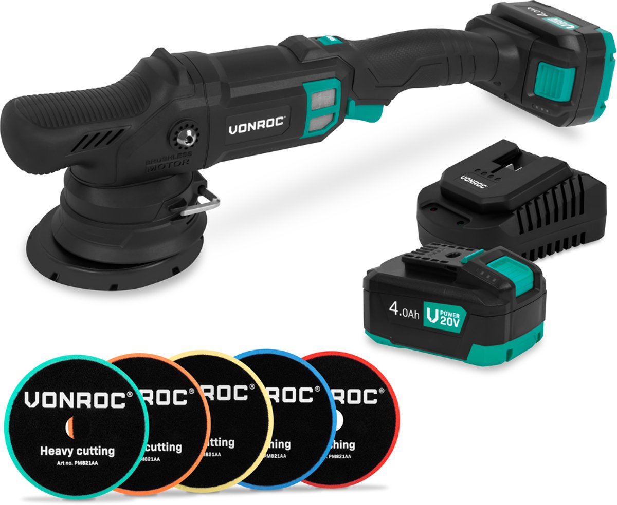 VONROC PRO Excentrische Polijstmachine 20V - Ø 125mm - Brushless motor – 7 snelheden (2000-5000/min) - Soft Start– Complete set incl. 2x 4.0Ah Accu’s, Snellader en 5 Polijstschijven