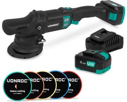 VONROC PRO Excentrische Polijstmachine 20V - Ø 125mm - Brushless motor – 7 snelheden (2000-5000/min) - Soft Start– Complete set incl. 2x 4.0Ah Accu’s, Snellader en 5 Polijstschijven