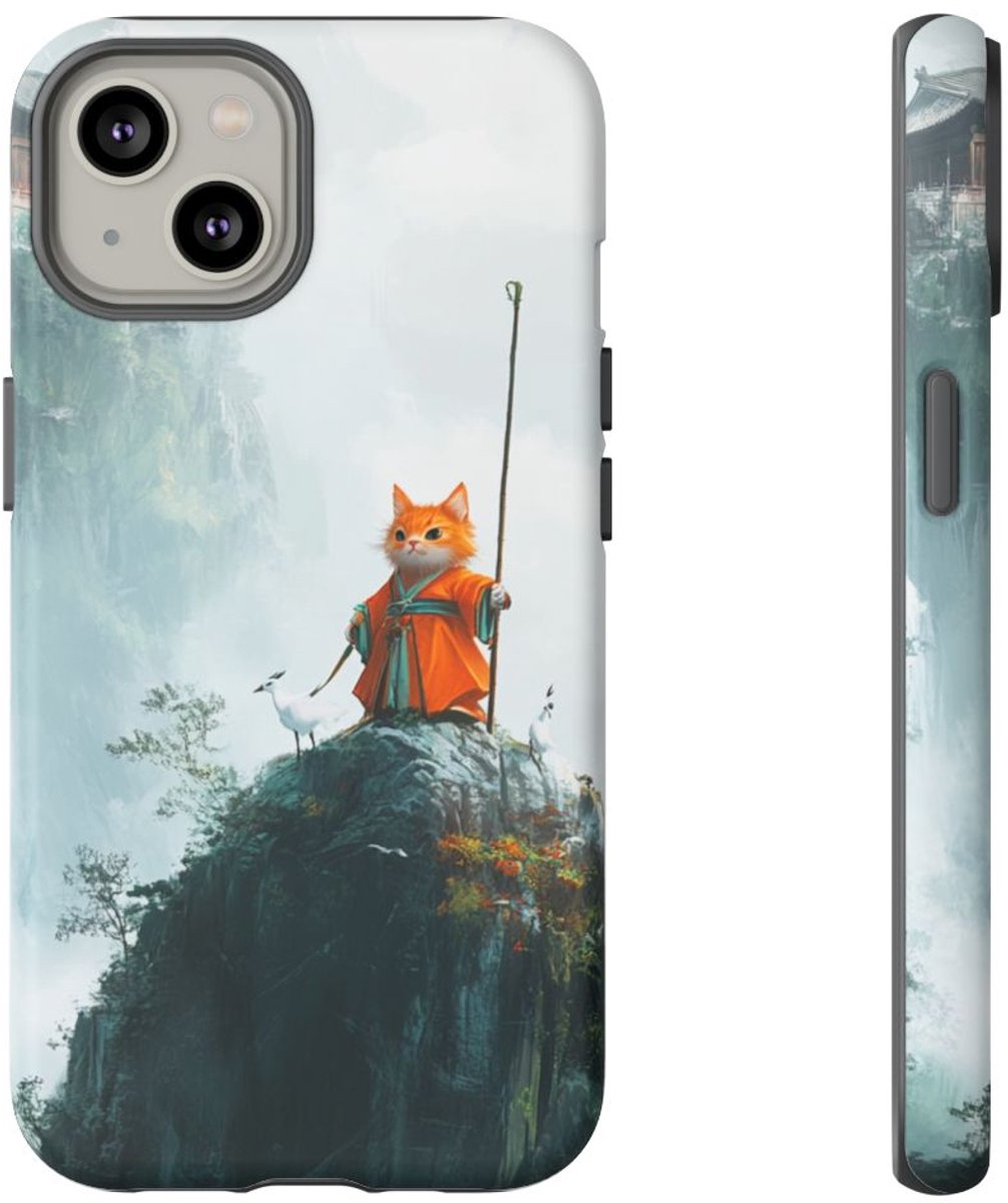 Kat in Oud Gewaad op Bergtop – Telefoonhoesje Geschikt voor iPhone 14