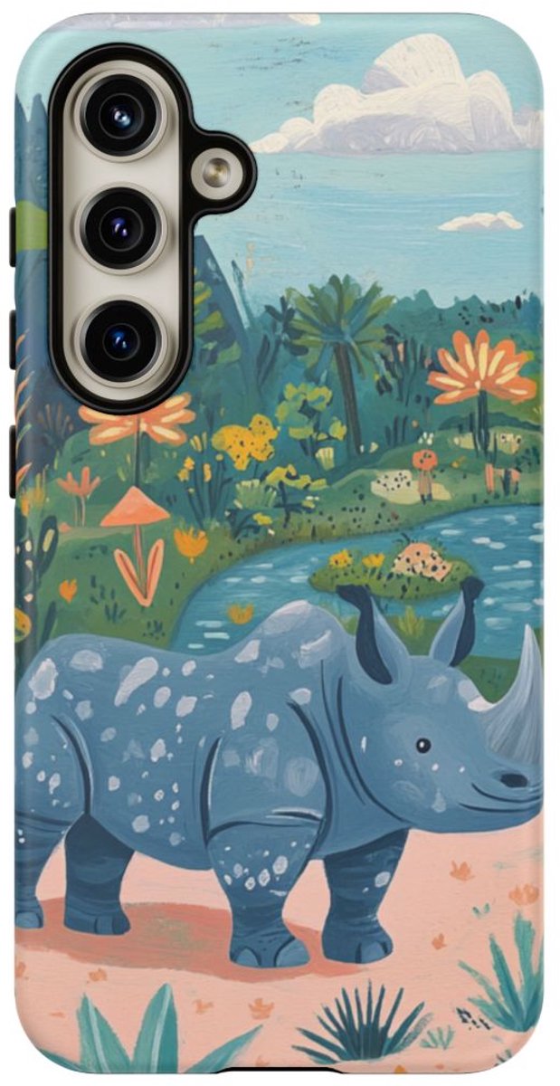Blauwe Neushoorn Illustratie – Telefoonhoesje Geschikt voor Galaxy S24