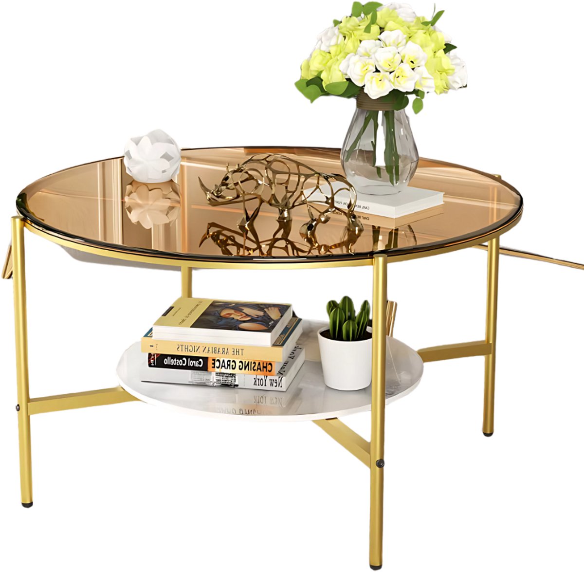 Happiq Salontafel Mira - 2-Lagen Glazen Design - Goud - Glanzend Tafelblad & Leistenen Onderplank - Moderne Luxe Thee- & Bijzettafel voor Woonkamer