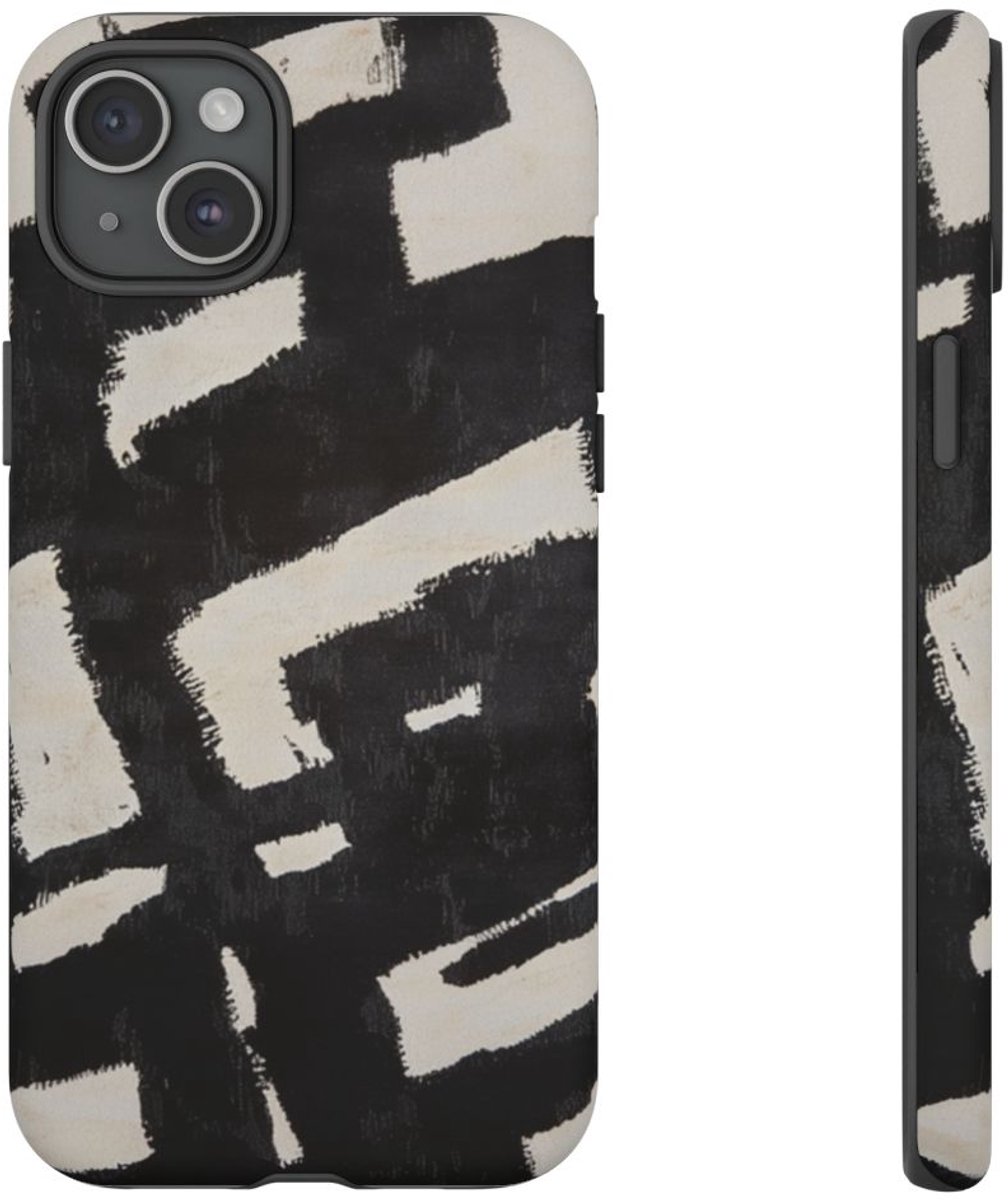 Abstract Zwart-Crème Patroon – Telefoonhoesje Geschikt voor iPhone 15 Plus