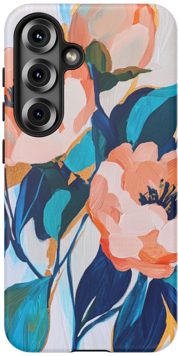 Abstracte Perzik- en Blauwe Bloemenprint – Telefoonhoesje Geschikt voor Galaxy S25