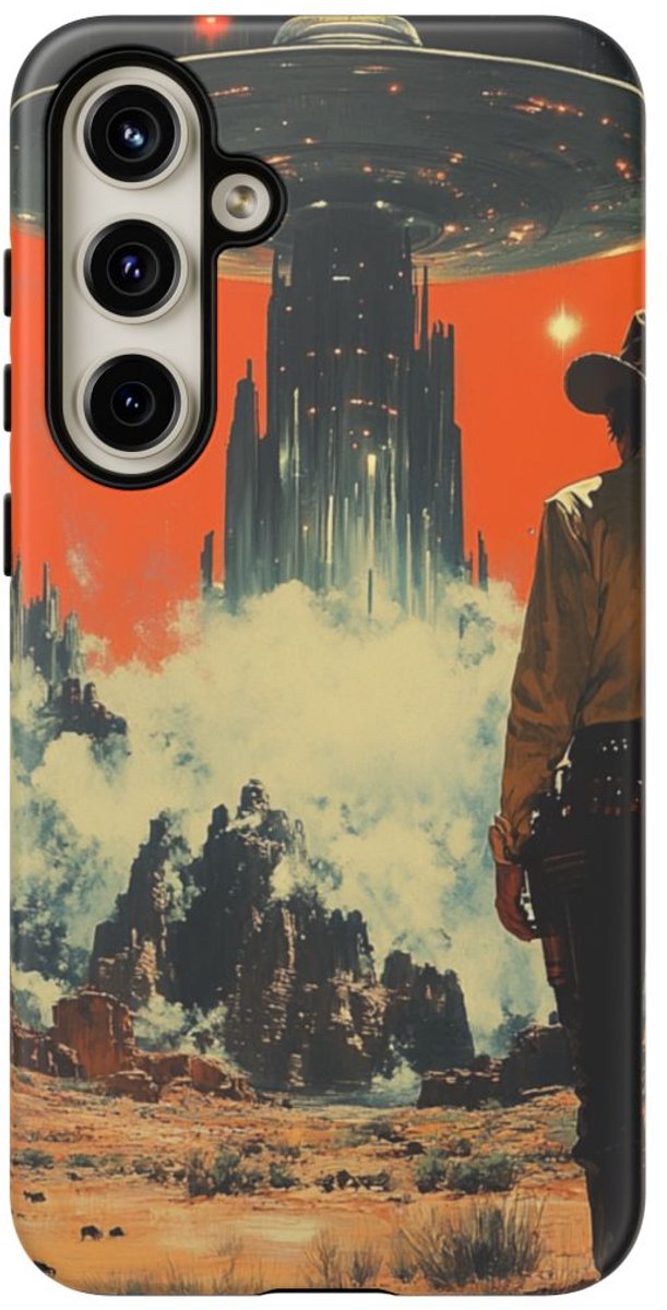 Cowboy en UFO in Woestijnlandschap – Telefoonhoesje Geschikt voor Galaxy S24 Plus