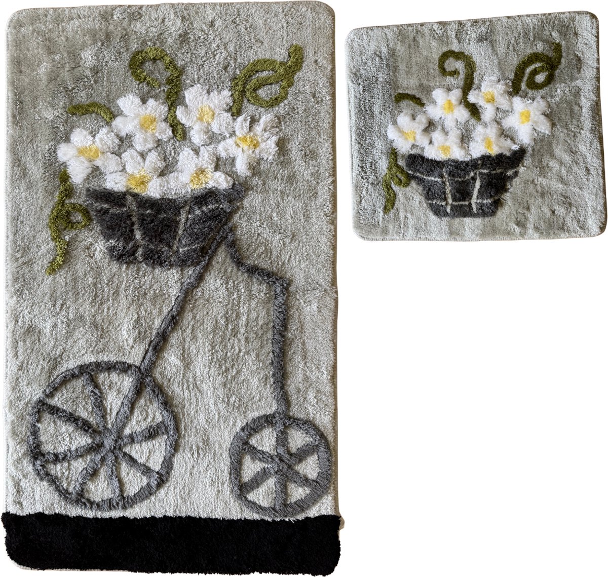 HappyNest - Badmat - WC Mat Set - 60x100 cm + 50x60 cm - Grijs/Zwart - Bloemenpatroon