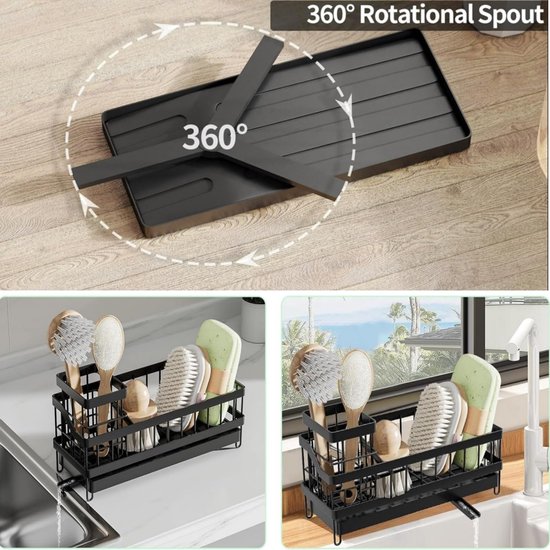 Jarvita gootsteenorganizer zwart roestvrij staal - gootsteenorganizer keuken en badkamer - afwasmiddeldispenser met afwasborstel en doek - keukenorganizer