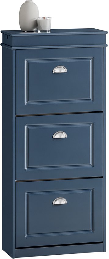 SoBuy Schoenenkast met 3 Kleppen - Schoenenrek met Lade en Haak - Schoenenopslag - Blauw, 53x24x118 cm, FSR94-B - Voor Hal, Gang of Slaapkamer