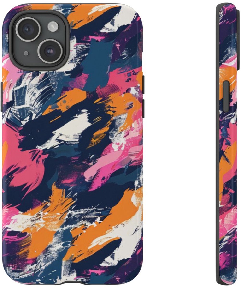 Kleurrijk Abstract Penseelstrepenpatroon – Telefoonhoesje Geschikt voor iPhone 15 Plus