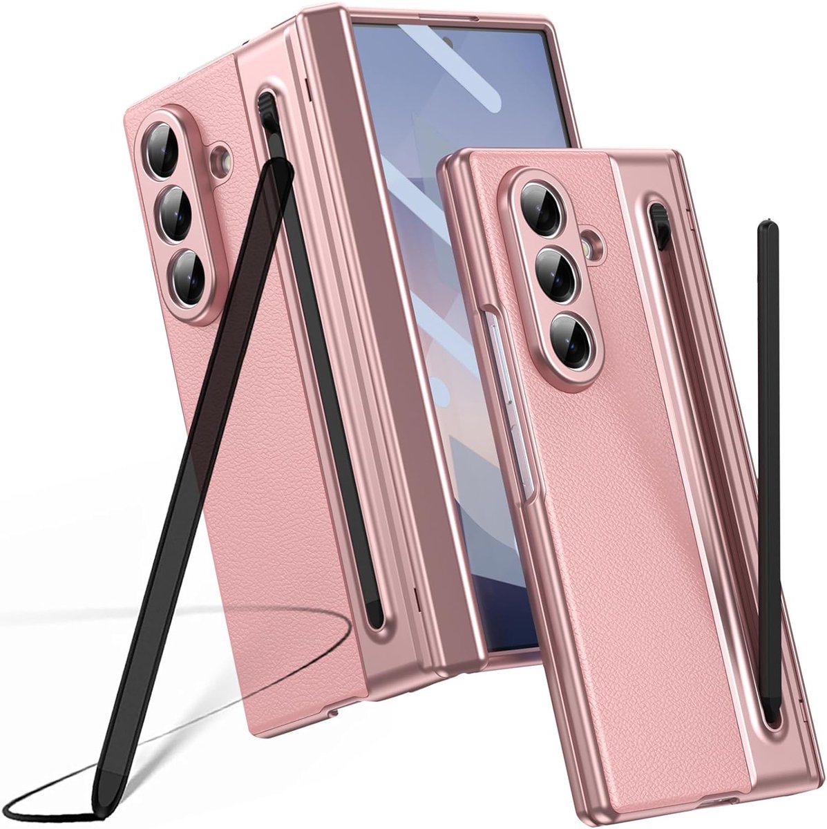 Zandarix Geschikt voor Samsung Galaxy Z Fold 7 - Delicaat leer - Ingebouwde Scharnierbescherming - Met Screenprotector - S Pen Stylus Vervanging - Back Cover Hoesje - Roze