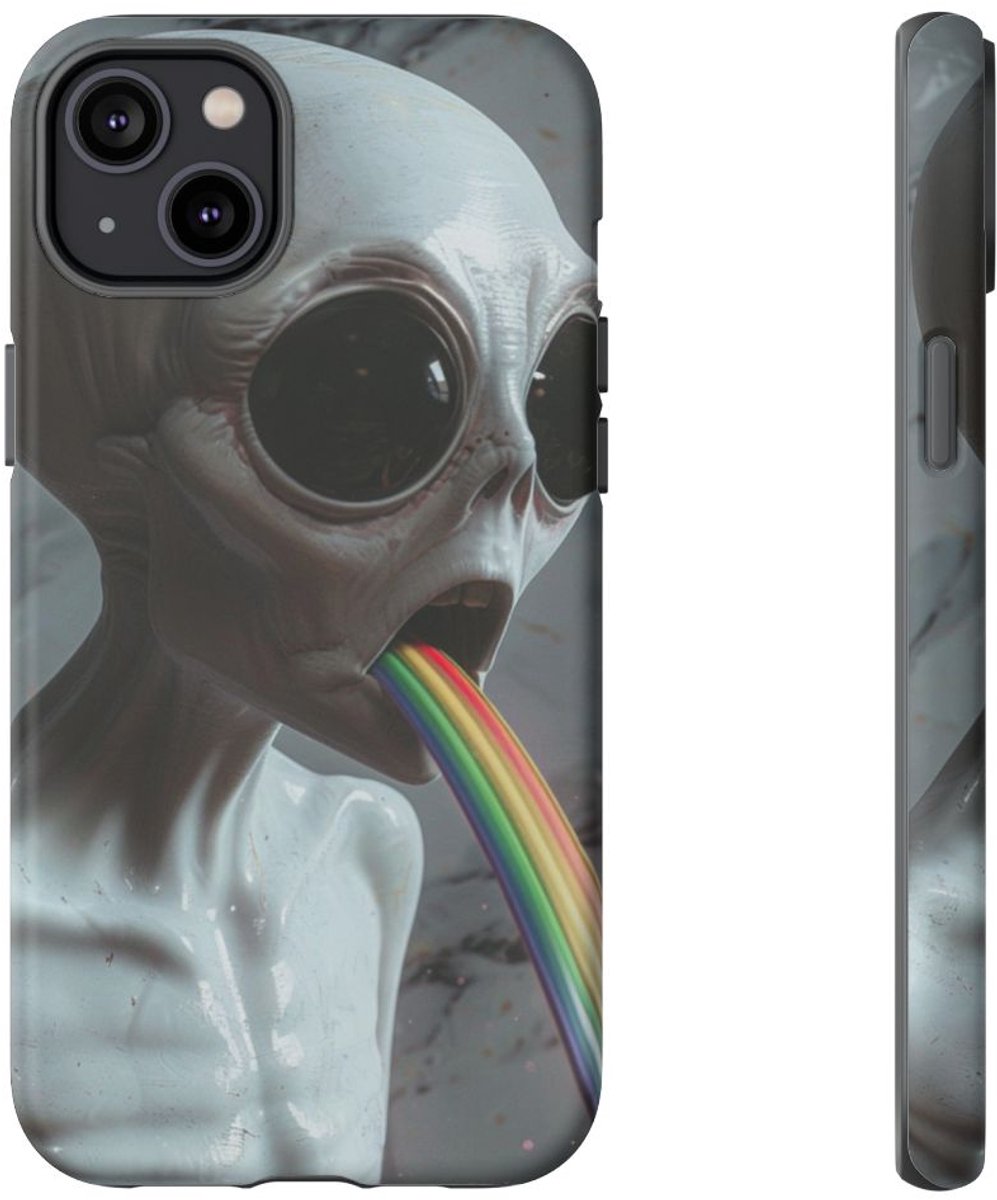 Grijze Alien met Regenboogstraal – Telefoonhoesje Geschikt voor iPhone 14 Plus