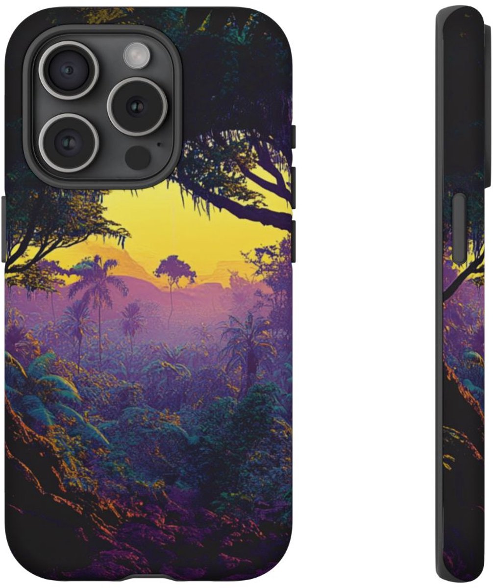 Sprookjesachtige Jungle Zonsondergang – Telefoonhoesje Geschikt voor iPhone 15 Pro