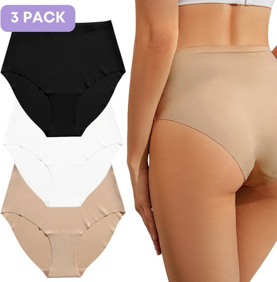 Slip taille haute sans couture pour femme - Zwart, Wit, Beige - Taille XL - Set de 3 - Ultra doux - Sous-vêtements sans couture femmes - Sous-vêtements sans couture femmes - String invisible - Slips femme - sous-vêtements invisibles