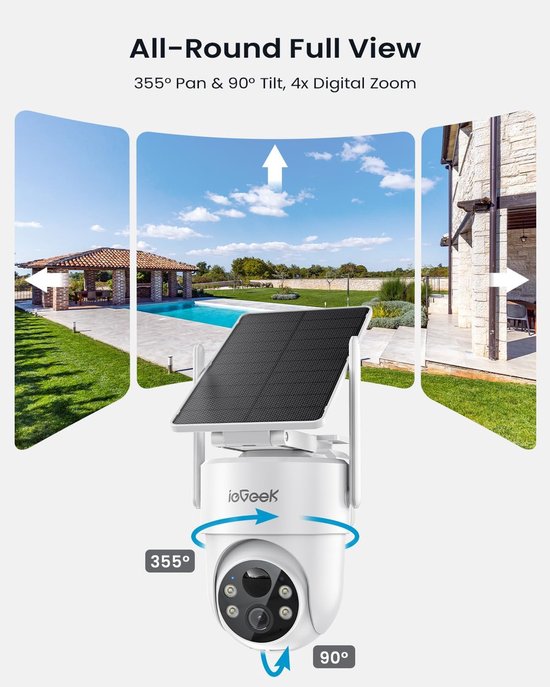 ieGeek Bewakingscamera voor buiten - accu en zonne-energie bewegingsmelder - 2K 360° PTZ WLAN-camera - nachtzichtfunctie - met Verwijderbaar Zonnepaneel — afbeelding 4