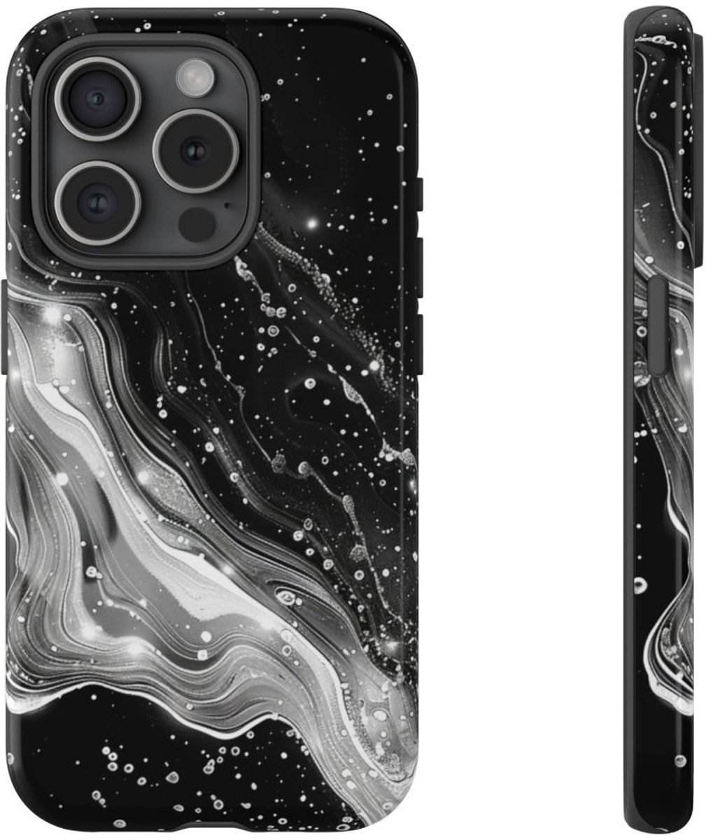 Zwart-Wit Abstracte Galaxie – Telefoonhoesje Geschikt voor iPhone 15 Pro