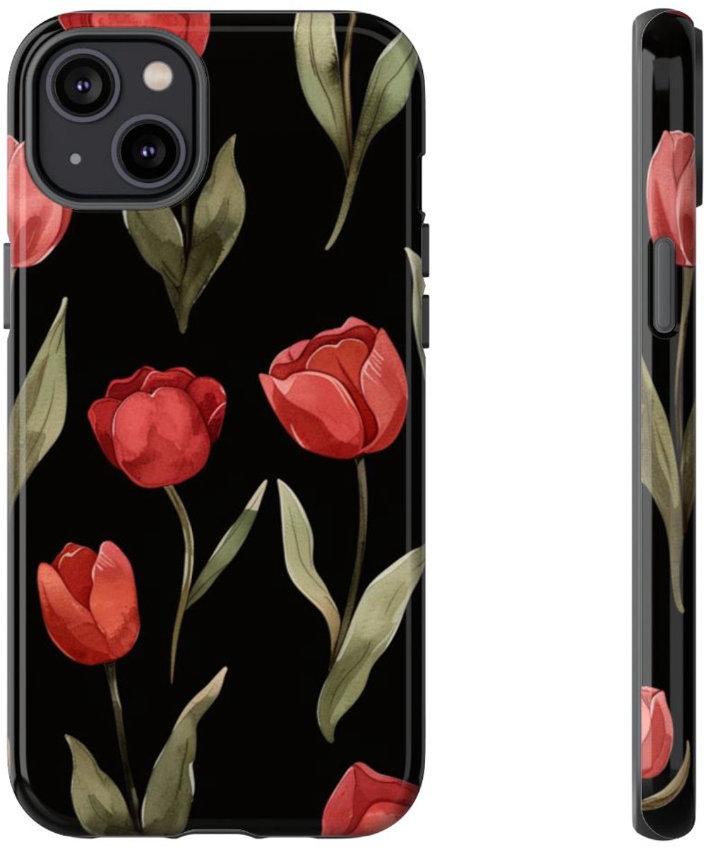 Rode Tulp Bloemenpatroon – Telefoonhoesje Geschikt voor iPhone 14 Plus