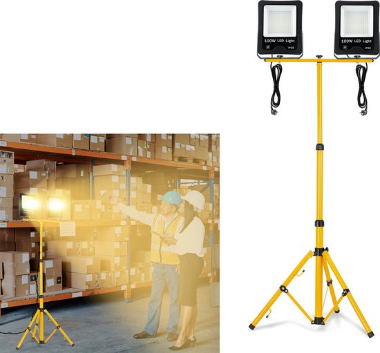 Projecteur de chantier LED 2 x 100 W, projecteur LED blanc chaud avec trépied, projecteur d'extérieur, projecteur de travail étanche IP66 en aluminium pour atelier, chantier, garage