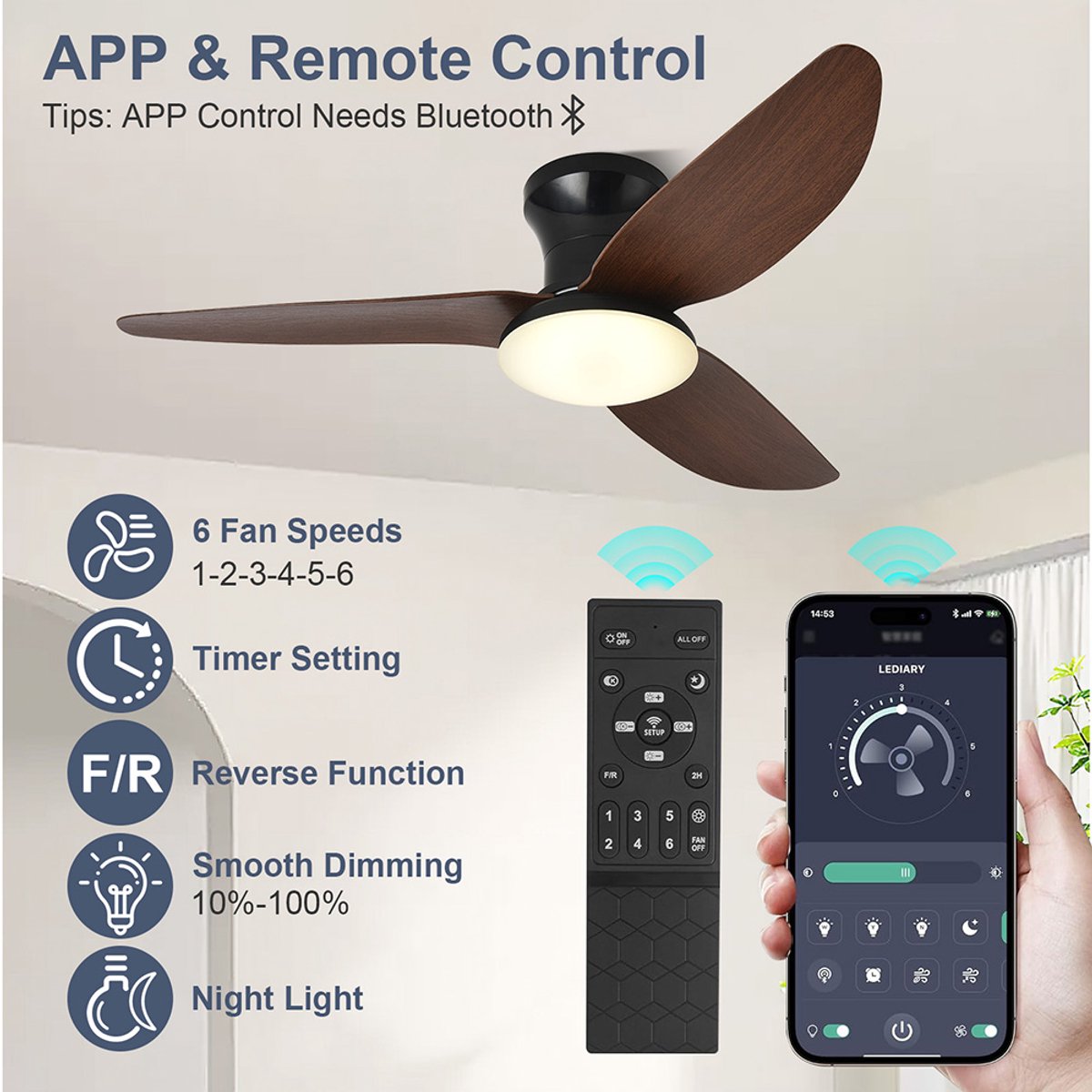 Rosnek Plafondventilator met Verlichting - 100 cm Diameter Smart Lamp met Afstandsbediening & App - 6 Windsnelheden, 3 Kleurtemperaturen - Plafond Ventilator Lamp met Timer, Landelijke Stijl voor Slaapkamer, Woonkamer & Terras thumbnail 5