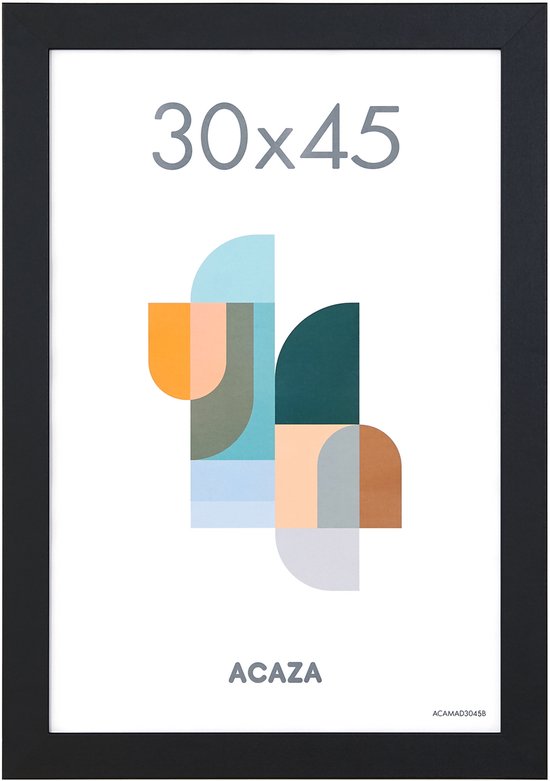 Cadre noir de 30x45 cm avec une impression abstraite aux formes bleues, oranges et vertes.